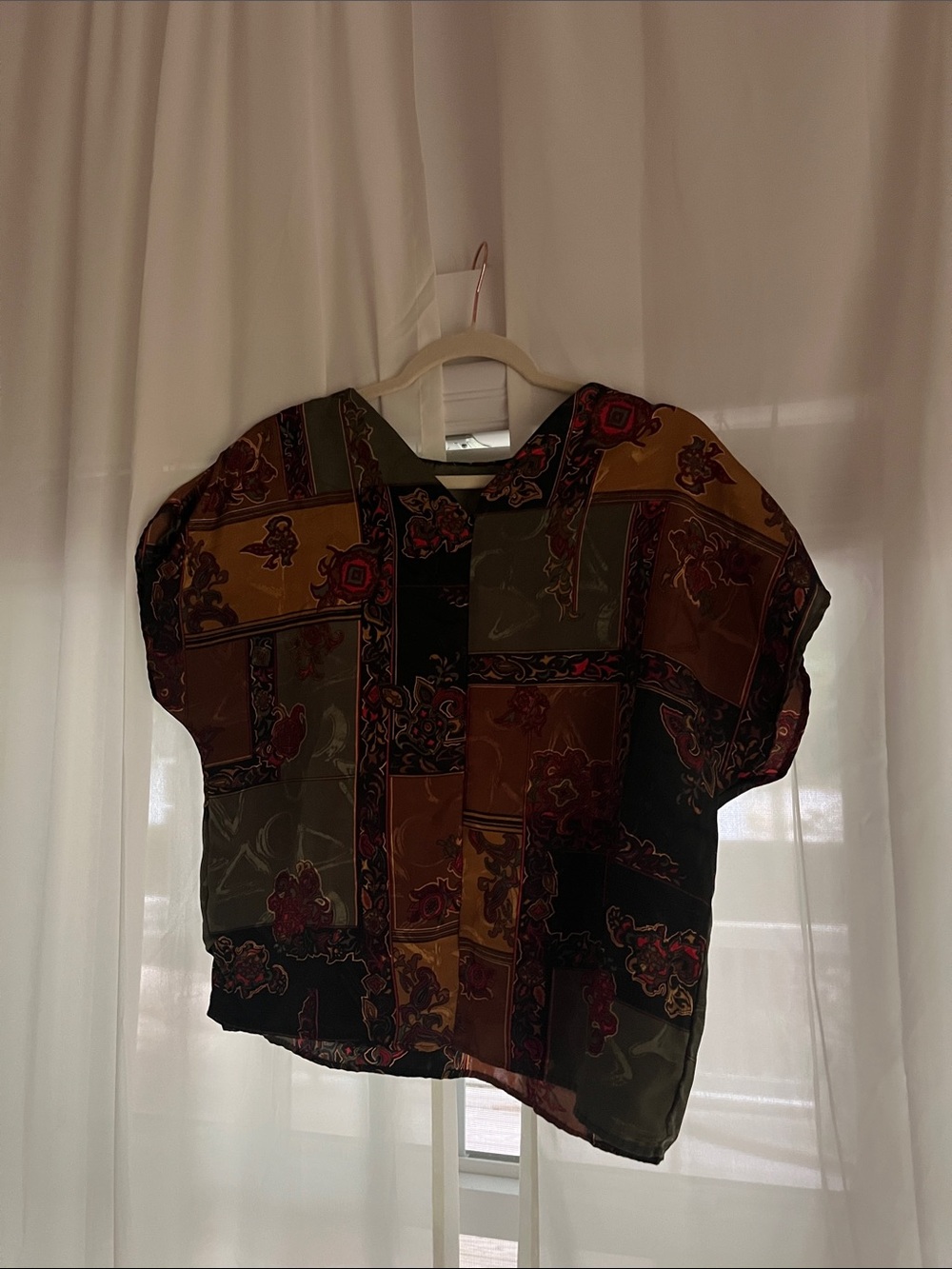 Patterned Short-Sleeve Boxy Top — Olive, Rust, Black - Picture 2 of 3